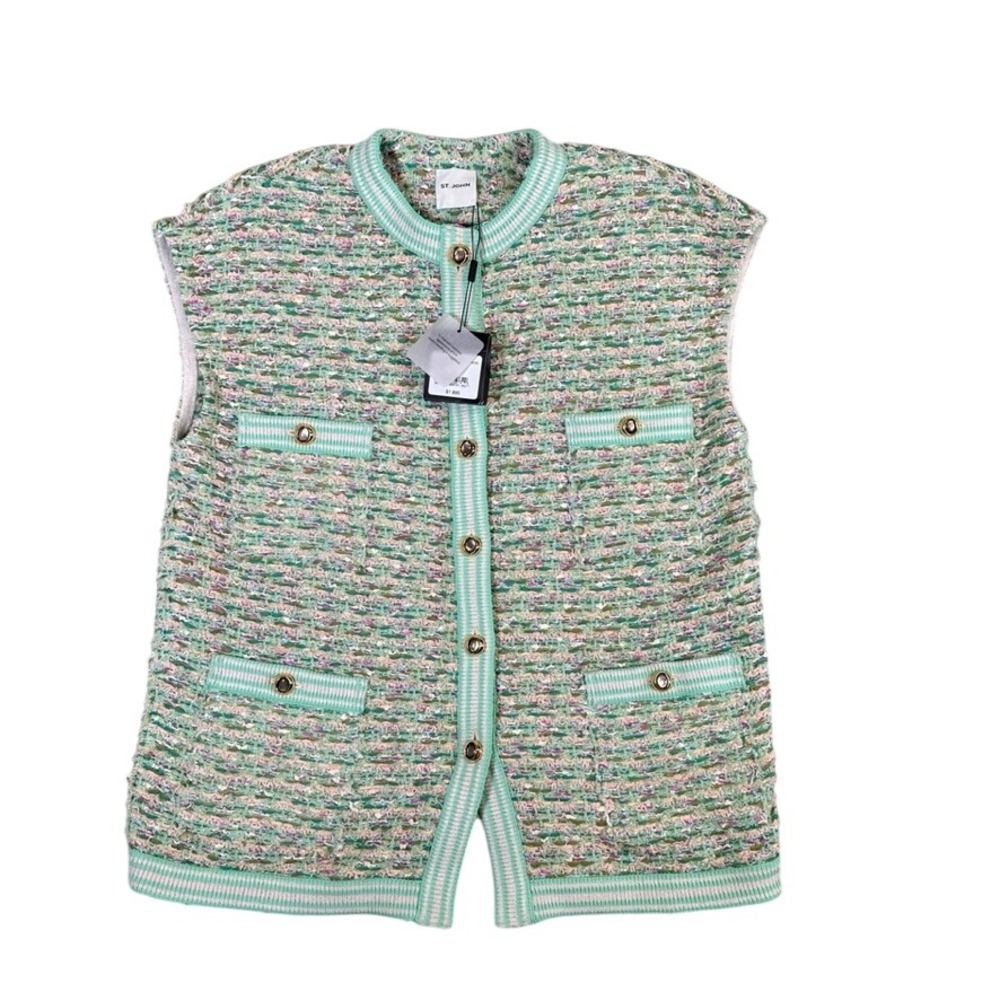 NWT St. John Green Multi Tweed Knit Button Front Vest K61B0C1 NWT